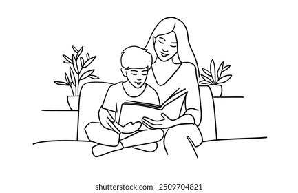 Mãe e filho lendo livro no sofá, desenho de arte de linha contínua isolado no fundo branco. Ilustração vetorial