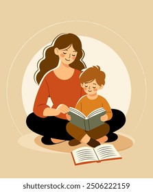 Mother and son reading book together in cozy room. Vector illustration