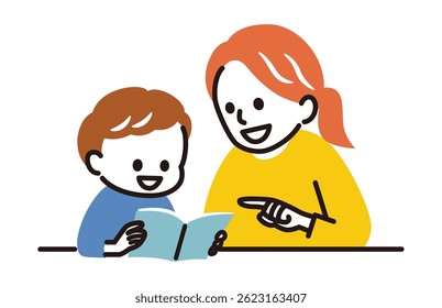 mother and son reading a book together