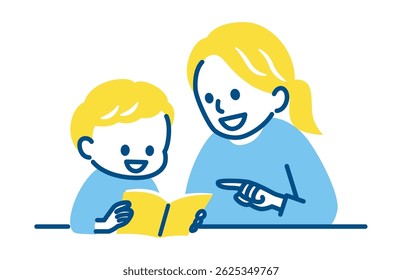 mother and son reading a book together