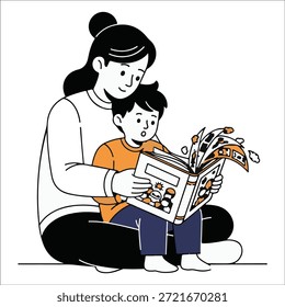 Mutter und Sohn lesen ein offenes Buch mit fliegenden Seiten Schlagwörter: Mutter, Sohn, Lesen, Buch