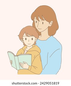 Madre con hijo leyendo un cuento, preparándose para acostarse. Niño sonriente sosteniendo un libro. Madre joven abrazando al niño. Dibujado a mano ilustración vectorial de personaje de dibujos animados planos.