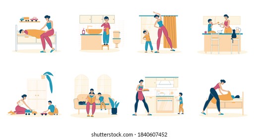 Mother son recreation, spending time together, schedule routine. Mom taking care of child, playing, cooking, reading, feeding, doing physical exercise. Daily life scene from morning to evening set