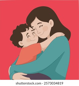 Mother and son with red background. Mom Embrace her Child, Their Faces Aglow With Love, Eyes Closed, Eternal Bond In A Moment Of Serene Affection. Mother's Day. Vector Illustration