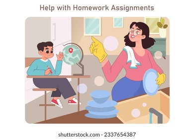 Mother and son relationships. Happy loving family, positive parenting and nurturing. Mom helping a little student with a school homework. Flat vector illustration