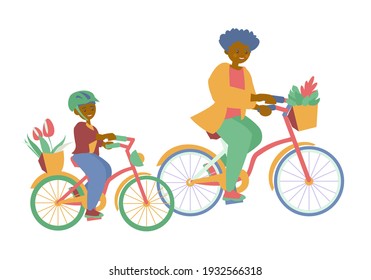 Mother and son riding bicycles with basket of flowers African american woman and boy Mother day card Vector flat illustration