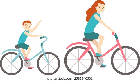 Mother and son riding bicycles, with the son waving and smiling joyfully, enjoying a fun filled summer day together in the great outdoors. Embracing freedom and adventure, they share quality time