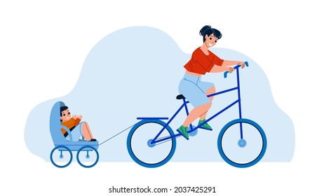 Mother And Son Riding Bike Trailer Outdoor Vector. Woman Ride Bicycle And Little Boy Child Sitting In Bike Trailer. Characters Active Time In Park Outside Flat Cartoon Illustration