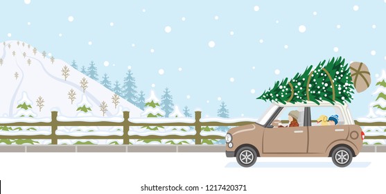 Mother and son riding the car which loaded the Christmas tree - Winter nature road background