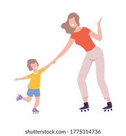 Mother and Son Roller Skating, Parent and Kid Spending Time Together Flat Style Vector Illustration