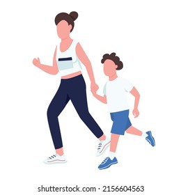 Mother and son running semi flat color vector characters. Posing figures. Full body people on white. Sprint competition simple cartoon style illustration for web graphic design and animation
