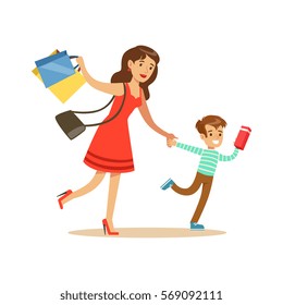 Mother And Son Running Shopping In Department Store ,Cartoon Character Buying Things In The Shop