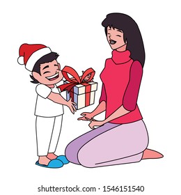 Mother and son with santas hat design, Merry christmas season decoration card invitation celebration and holiday theme Vector illustration