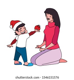 Mother and son with santas hat design, Merry christmas season decoration card invitation celebration and holiday theme Vector illustration