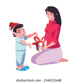 Mother and son with santas hat design, Merry christmas season decoration card invitation celebration and holiday theme Vector illustration