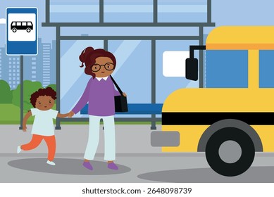 mother with son and school bus in the bus stop vector illustration design