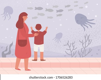 Mother and son in the seaquarium Vector. Cartoon. Isolated art. Flat
