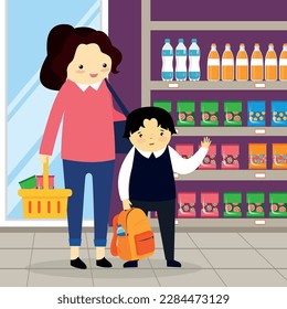 Mother and son shopping in the supermarket. Vector illustration in flat style