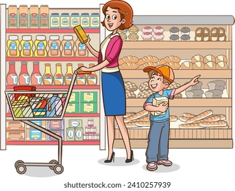 Mother and son shopping in the supermarket. Vector illustration in cartoon style