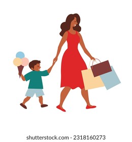 Mother and son. Shopping vector illustration. Flat style