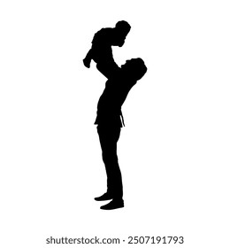 Mother And Son Silhouette. A silhouette of a father and daughter with a white background. Mother lifting up her baby vector silhouette. Mom have fun playing with little son silhouette.