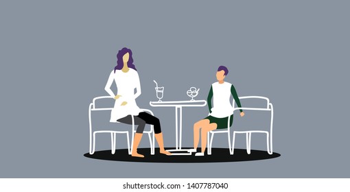 mother with son sitting at cafe table woman drinking coffee boy eating ice cream family having fun in restaurant sketch doodle horizontal full length