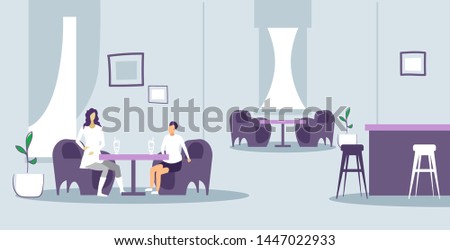 mother with son sitting at cafe table drinking coffee or milkshakes family having fun modern restaurant interior sketch doodle horizontal full length