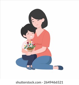 Mother and Son Sitting with Flower Bouquet – Mother's Day Vector Illustration