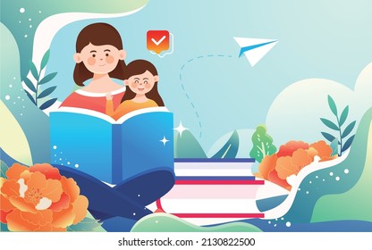 Mother and son sitting together and reading a book surrounded by flowers and plants, world book day, vector illustration