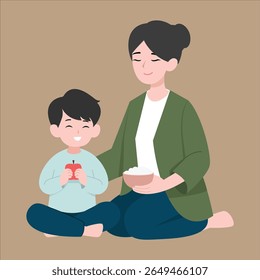 Mother and Son Sitting Together and Sharing a Meal – Family Time Vector Illustration
