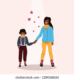 mother and son skating ice rink african american family wearing winter clothes holding hands holiday activities concept female male cartoon characters full length flat