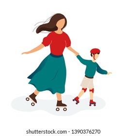 Mother and son skating on rollers. Flat modern trendy style.Vector illustration character icon.Isolated on white background.