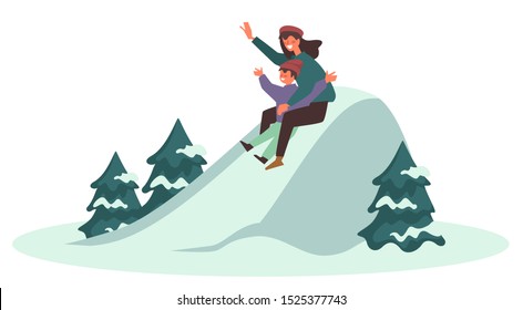 Mother with son sliding together downhill, sledding down the slope. Parent with kid wearing knitted, knit sweaters, beanie hats, waving hands and laughing. Snowy fir trees. Winter activity outdoors.