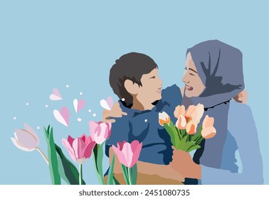 Mother and son spend time together and hugging gives a tulip flower on mothers day together at home