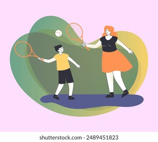 Madre e hijo pasando el fin de semana juntos. Madre joven y niño jugando tenis Ilustración vectorial plana. Estilo de vida activo, actividades al aire libre, familia, concepto de infancia