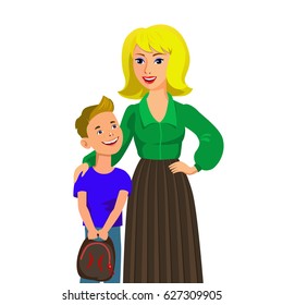 Mother with son are standing and hugging, boy with schoolbag