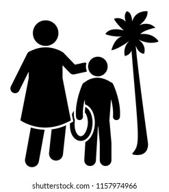 
A mother and son are standing in a tropical area while son is holding playing ring in his hand 

