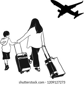 The mother and son are strolling their baggage together to take a flight. Concept travel