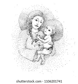 mother and son stylized vector silhouette, outlined sketch of mom and child