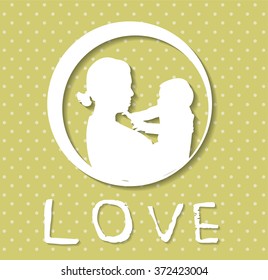 mother and son stylized vector silhouette, outlined sketch of mom and child, yellow white background, banner or flyer with text Mom for Happy Mothers Day celebration. modern mom.