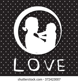 mother and son stylized vector silhouette, outlined sketch of mom and child, black white background, banner or flyer with text Mom for Happy Mothers Day celebration. modern mom.