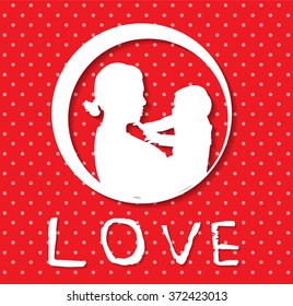 mother and son stylized vector silhouette, outlined sketch of mom and child, red white background, banner or flyer with text Mom for Happy Mothers Day celebration. modern mom.