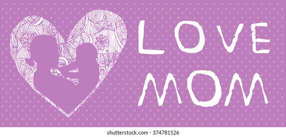 mother and son stylized vector silhouette, outlined sketch of mom and child, purple white background, banner or flyer with text Mom for Happy Mothers Day celebration. modern mom.