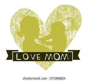 mother and son stylized vector silhouette, outlined sketch of mom and child, yellow white background, banner or flyer with text Mom for Happy Mothers Day celebration. modern mom.