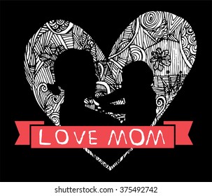 mother and son stylized vector silhouette, outlined sketch of mom and child, black white background, banner or flyer with text Mom for Happy Mothers Day celebration. modern mom.