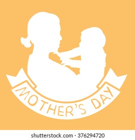 mother and son stylized vector silhouette, outlined sketch of mom and child, orange white background, banner or flyer with text Mom for Happy Mothers Day celebration. modern mom.