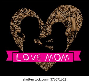 mother and son stylized vector silhouette, outlined sketch of mom and child, black brown background, banner or flyer with text Mom for Happy Mothers Day celebration. modern mom.