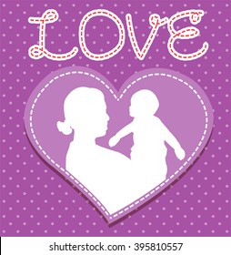 mother and son stylized vector silhouette, outlined sketch of mom and child, purple white background, banner or flyer with text Mom for Happy Mothers Day celebration. modern mom.