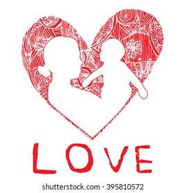 mother and son stylized vector silhouette, outlined sketch of mom and child, red white background, banner or flyer with text Mom for Happy Mothers Day celebration. modern mom.