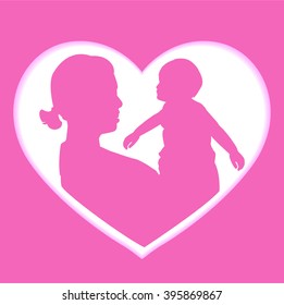 mother and son stylized vector silhouette, outlined sketch of mom and child, pink white background, banner or flyer with text Mom for Happy Mothers Day celebration. modern mom.